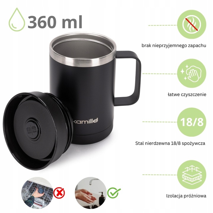 KUBEK TERMICZNY Z UCHEM TERMOS STALOWY SCZELNY pojemny bidon KAMILLE 360 ml