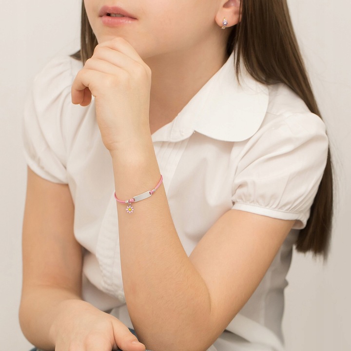 SREBRNA BRANSOLETKA Dziecięca pr. 925 Różowy Sznurek Kwiatek + GRAWER