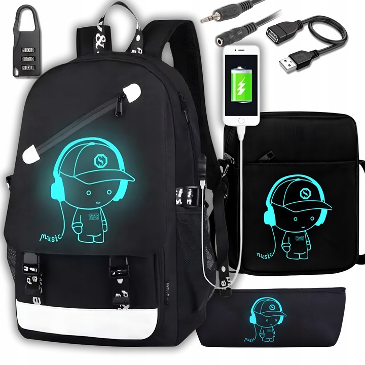 PLECAK SZKOLNY ŚWIECĄCY MŁODZIEŻOWY DUŻY A4 PIÓRNIK LISTONOSZKA SET3 USB