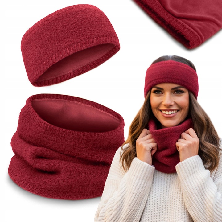 DWUSTRONNY Komplet Damski OPASKA i KOMIN Zestaw Zimowy z Polarem BORDOWY