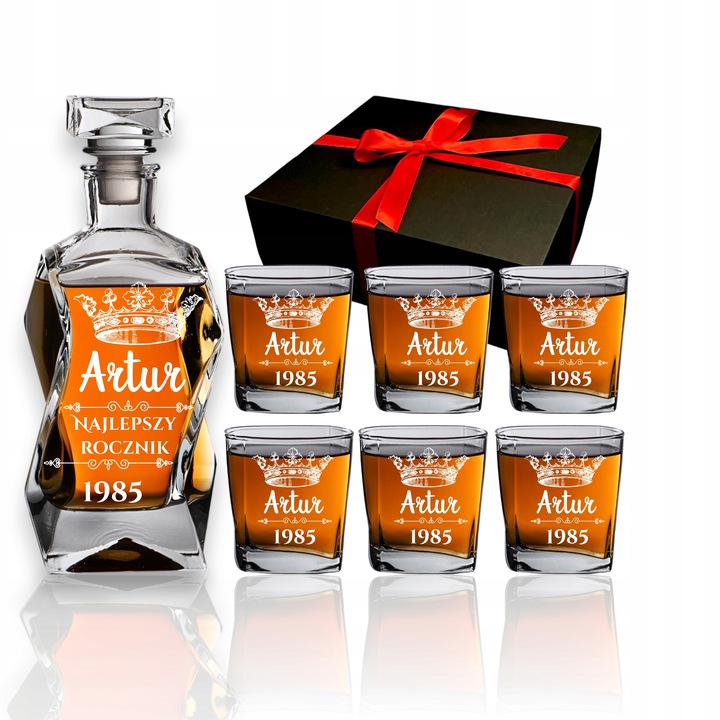 KARAFKA DO WHISKY Z GRAWEREM 6 SZKLANEK URODZINY PREZENT EMERYT WALENTYNKI