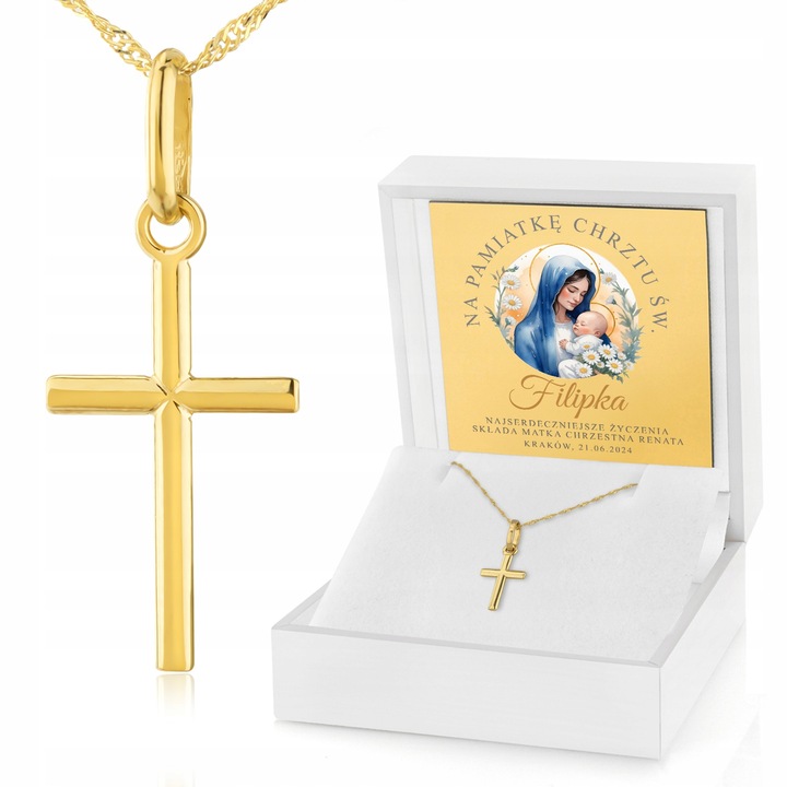 Złoty łańcuszek krzyżyk złoto 585 prezent CHRZEST Pamiątka Chrztu + GRAWER