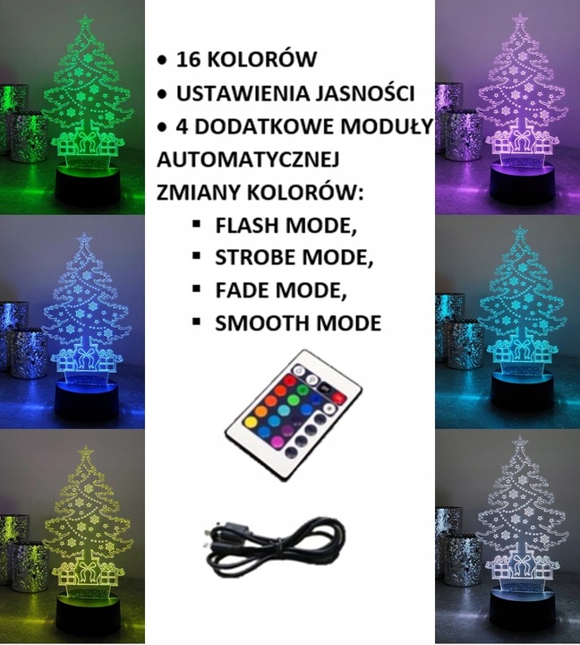 OZDOBA ŚWIĄTECZNA CHOINKA 3D LED KOLORY RGB PILOT