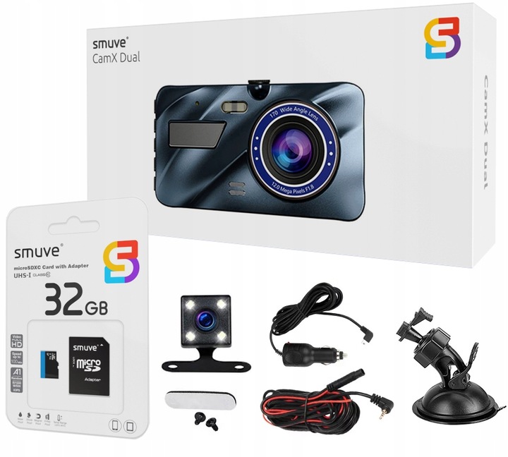 Wideorejestrator jazdy Przód Tył Kamera samochodowa Full HD + Karta pamięci