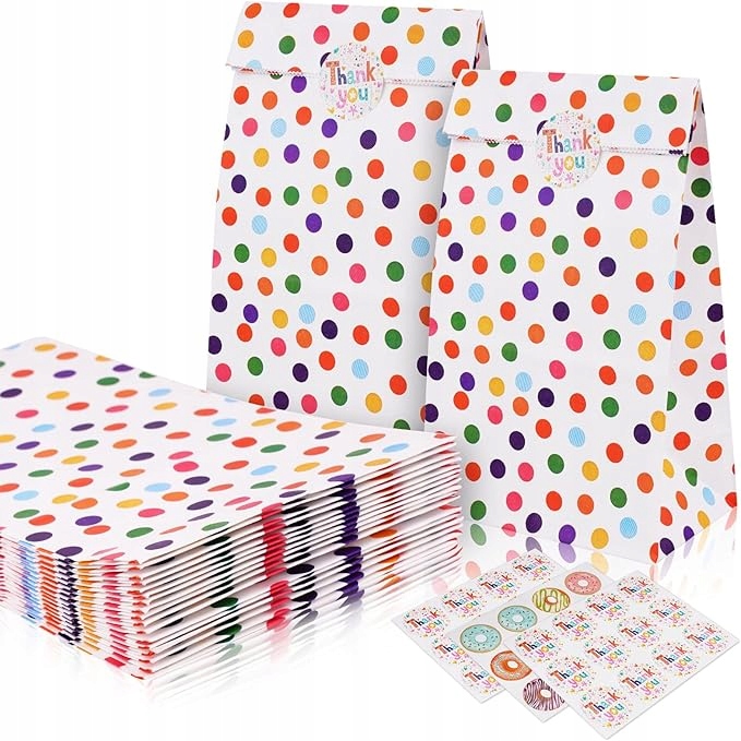 18X PAPIEROWE TOREBKI W KROPKI NA PREZENTY Z NAKLEJKAMI UPOMINKI DLA DZIECI