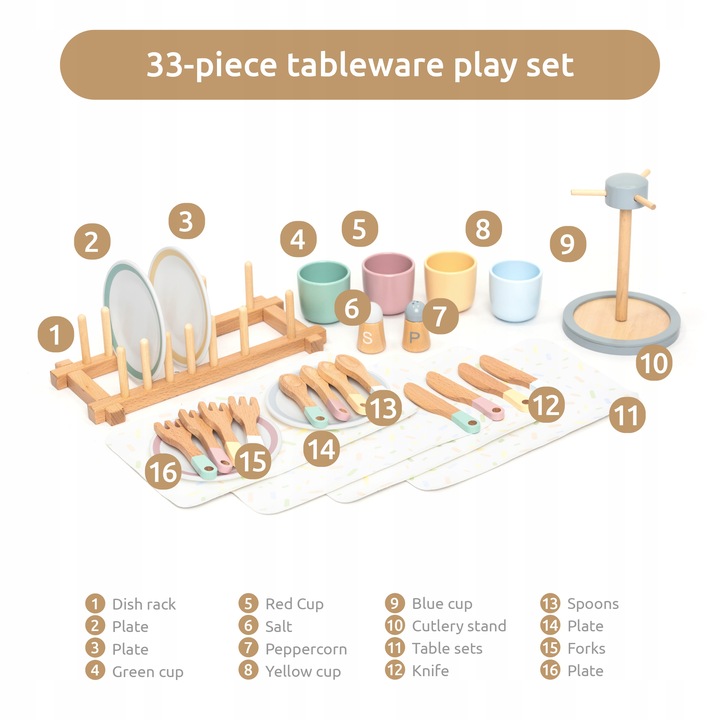 UMU Zestaw naczyń drewnianych dla dzieci 28 szt.