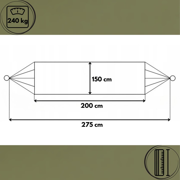 HAMAK Z DRĄŻKIEM TURYSTYCZNY BOHO DWUOSOBOWY 150x275cm 240kg ARMY GREEN