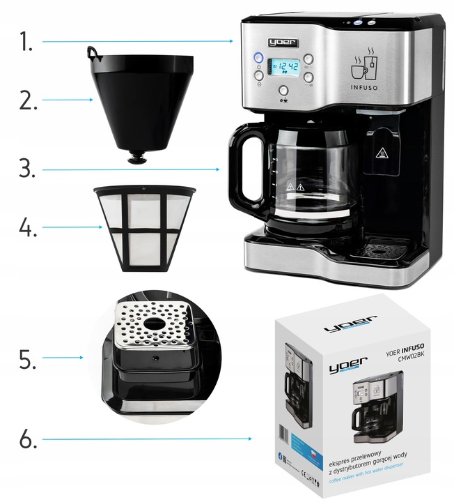 Ekspres przelewowy kawy 2w1 Yoer 1900W +Dystrybutor wody na herbatę +Timer