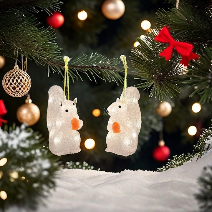 Lampki Choinkowe LED Akrylowe Wiewiórki 2 Sztuki na Boże Narodzenie Białe