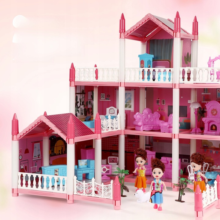 DUŻY ZESTAW MEBLI DO DOMKU DLA LALEK 3 PIĘTRA 9 POKOI z oświetleniem LED