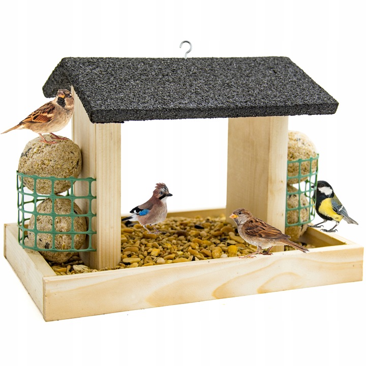 DUŻY KARMNIK DREWNIANY BUDKA NA KARMA KULE ZIARNO DLA DZIKICH PTAKÓW XL
