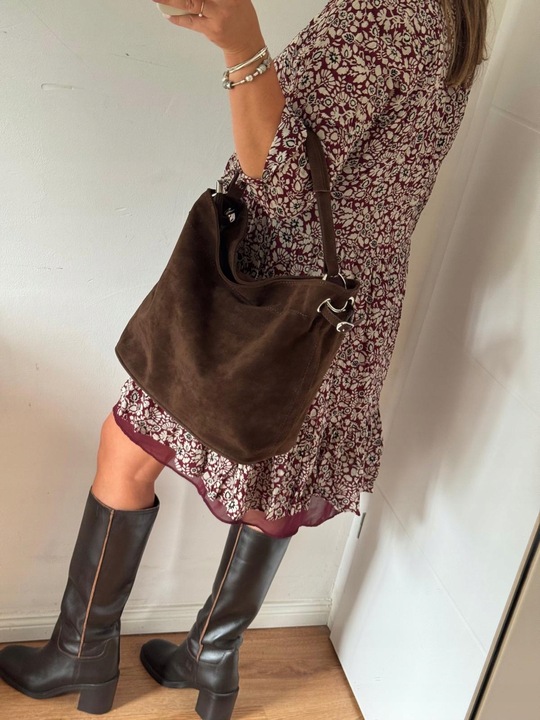 Torba Flora&Co torebka duża worek zamsz zamszowa eco brązowa czekoladowy