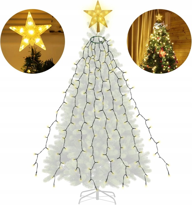 Lampki choinkowe z pierścieniem i gwiazdą 2m 8 pasm 280 LED Ciepła biel