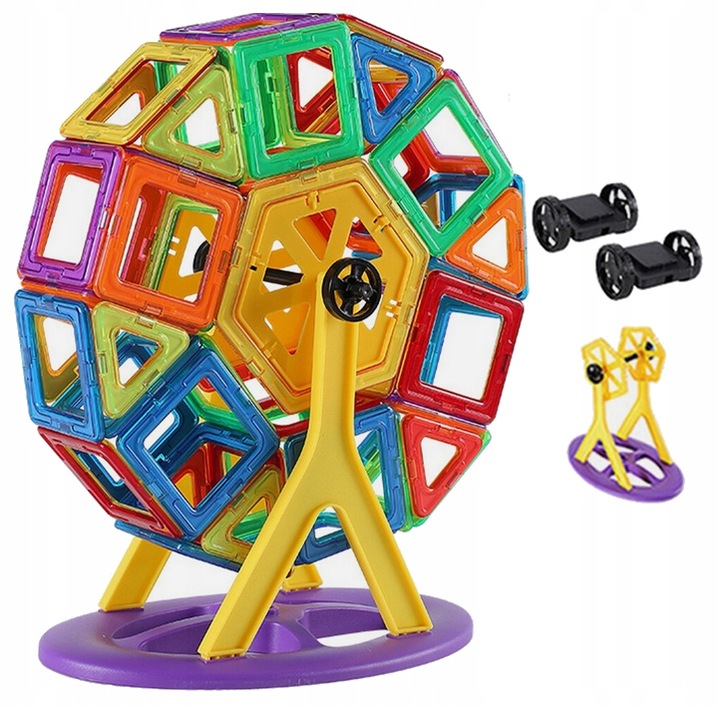 KLOCKI MAGNETYCZNE 3D koło młyńskie pojazdy ZESTAW Magnetic Tiles 72 el.