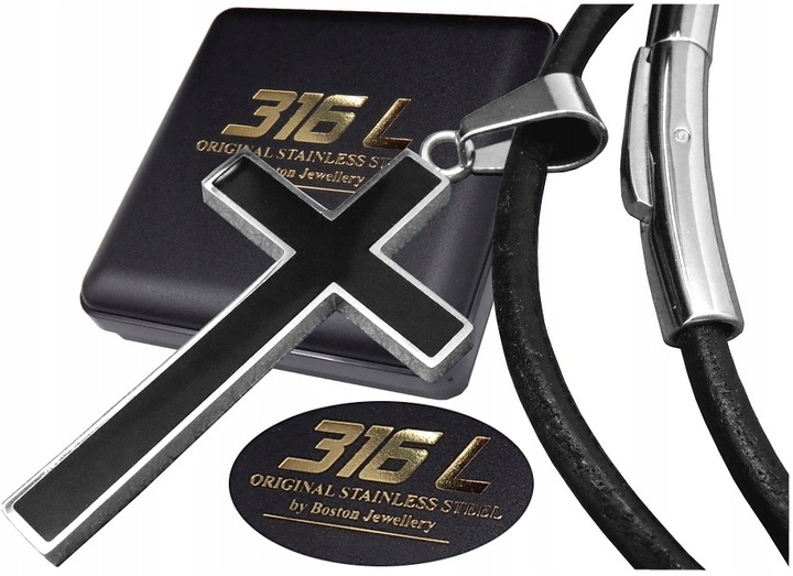 GRUBY RZEMIEŃ RZEMYK NA SZYJĘ Z KRZYŻYKIEM ZESTAW STAL CHIRURGICZNA + SKÓRA