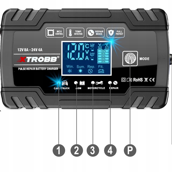 Prostownik SAMOCHODOWY AUTOMATYCZNY Z FUNKCJĄ NAPRAWY AKUMULATORÓW 12V 24V