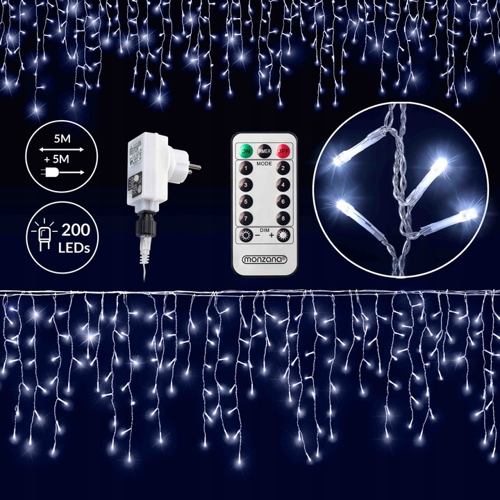 200x LED Lampki choinkowe świąteczne zewnętrzne Kurtyna świetlna + pilot