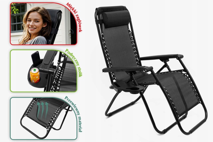 LEŻAK OGRODOWY Z PODNÓŻKIEM, ZAGŁÓWKIEM I STOLIKIEM NA NAPOJE ZERO GRAVITY