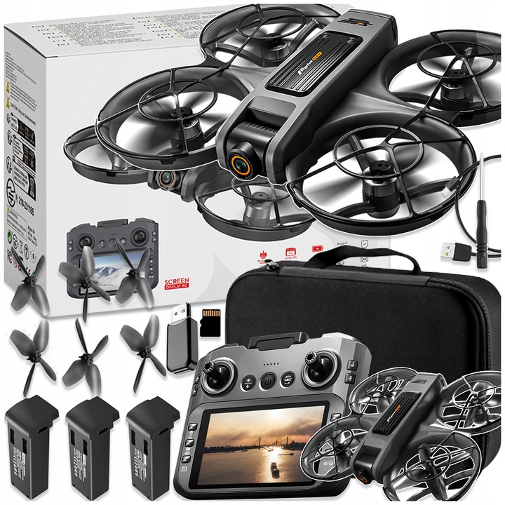 DRON KONTROLER Z LCD 2 kamery SILNIK BEZSZCZOTKOWY ZABAWKA 135G WIFI 3x AKU
