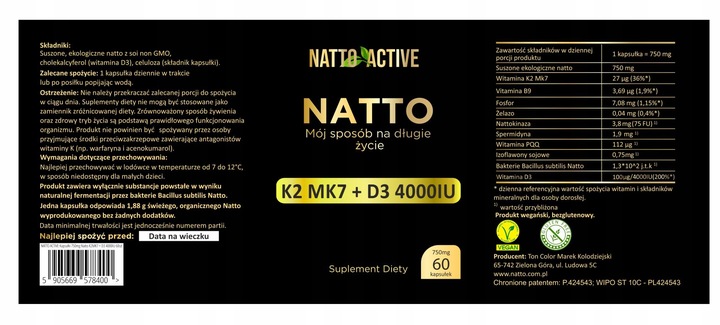 Natto Active Witamina D3 4000 Witamina K2 MK7 Nattokinaza – 60 kapsułek