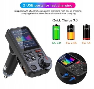 Bezprzewodowy TRANSMITER FM Bluetooth 5.0 SD RADIO ŁADOWARKA GŁOŚNIK 12/24v