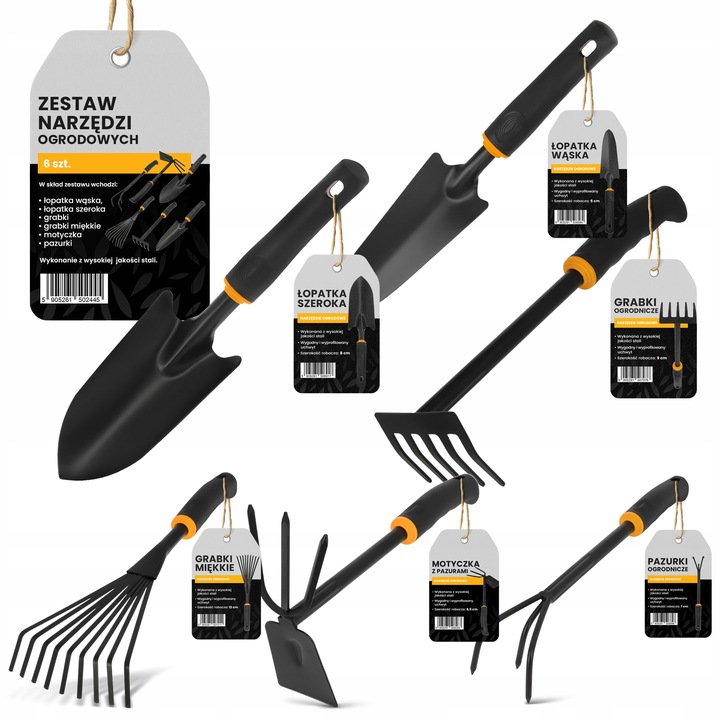 6x Narzędzia Ogrodowe 2x Łopatka Ogrodowa 2x Grabki Motyczka Pazurki Zestaw