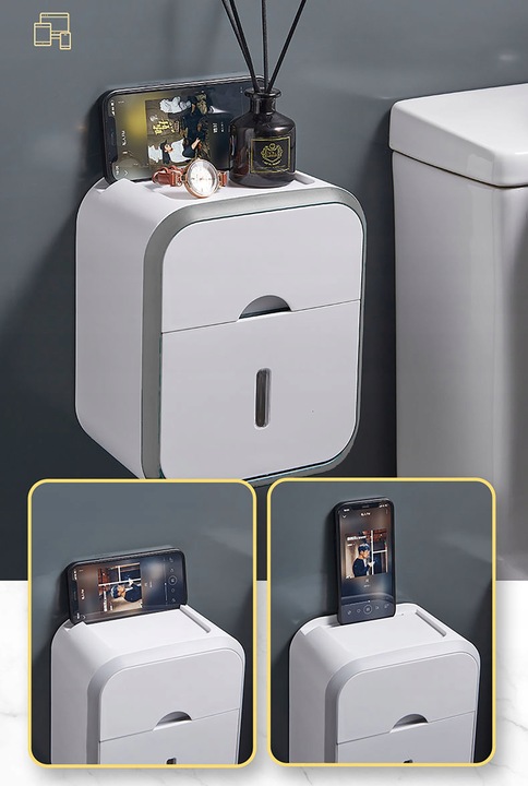 UCHWYT POJEMNIK NA PAPIER TOALETOWY + SZUFLADKA NA CHUSTECZKI PÓŁKA WC