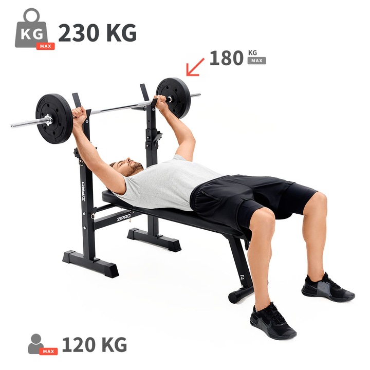 Ławka Treningowa Prosta Składana Ławeczka + Stojaki Regulowane 2w1 - Zipro