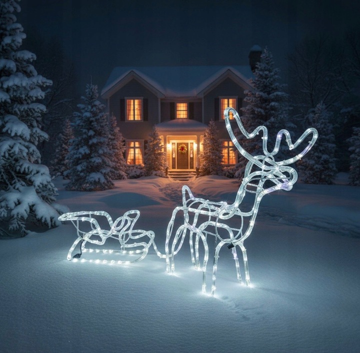 Renifer LED z Saniami na Zewnątrz - Świąteczne Światło FLASH, Biały Zimny