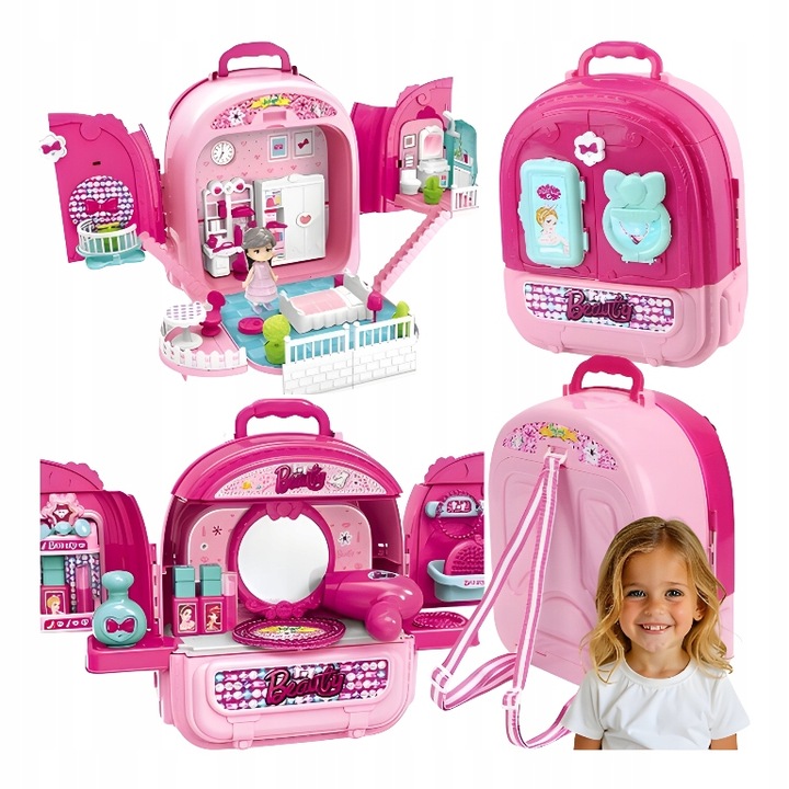 Toaletka WALIZKA domek z lalką PLECAK zestaw piękności 3w1 dla dziewczynek