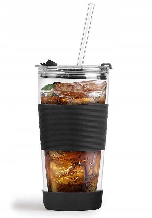 Szklany kubek do kawy ze słomką Vialli Design FUORI 600ml 30374 (czarny)