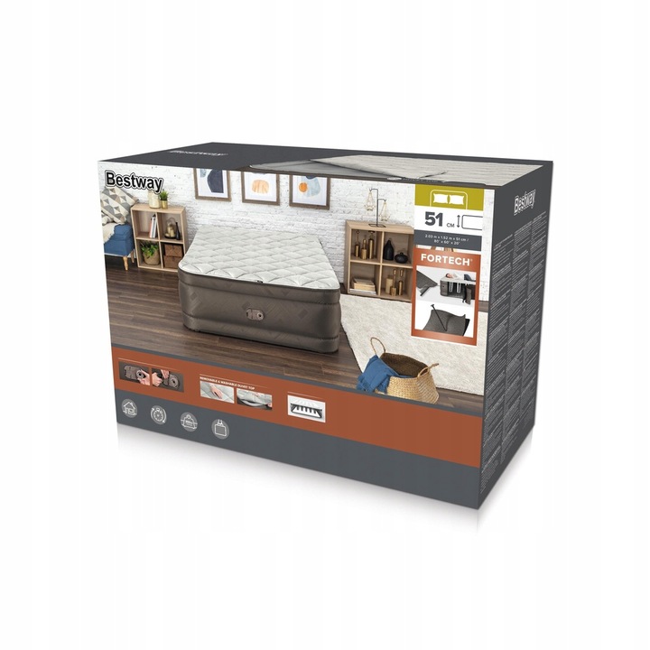 Dmuchany materac Fortech z wbudowaną pompką el. ŁOŻKO BESTWAY 203x152x51cm