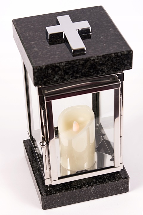 Lampion znicz nagrobny na pomnik srebrny stal nierdzewna + czarny granit