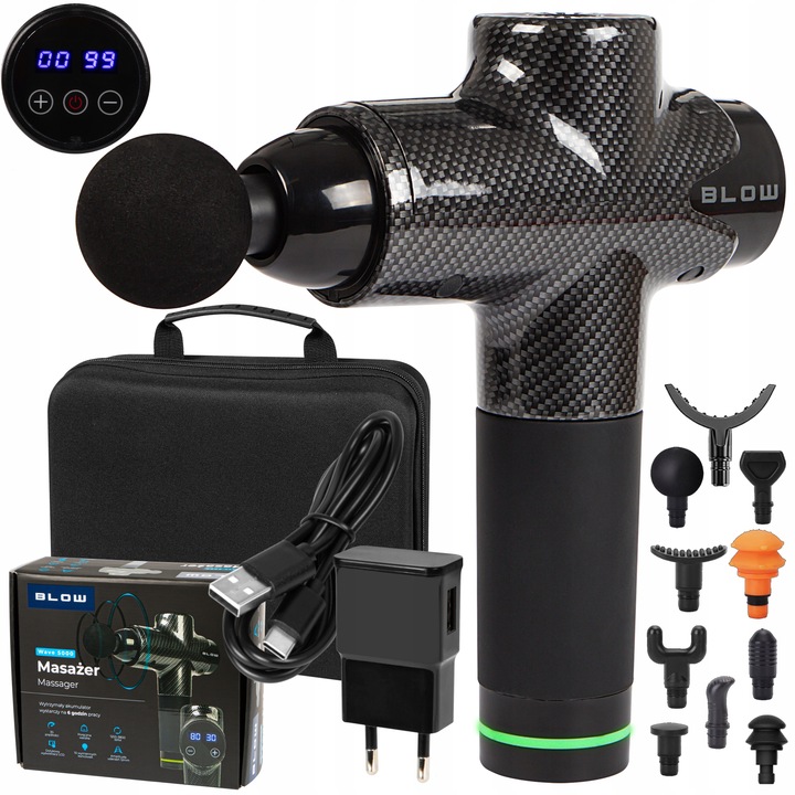 PISTOLET DO MASAŻU PLECÓW CIAŁA MASAŻER MASSAGE GUN 200W ZESTAW 10 KOŃCÓWEK