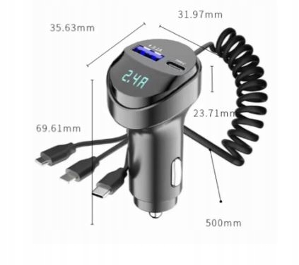 ŁADOWARKA SAMOCHODOWA 2x USB + KABEL 3W1 USB-C MICRO USB APPLE LIGHTNING