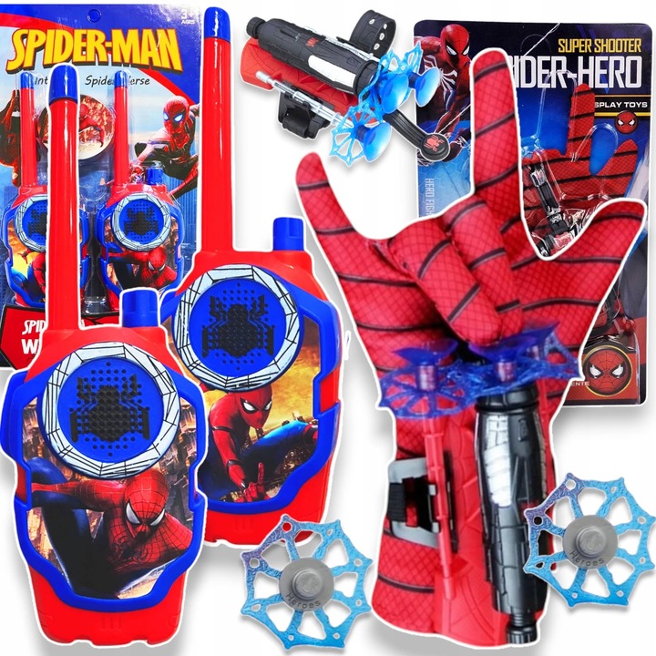 ZESTAW SPIDERMAN 4w1 WALKIE TALKIE RĘKAWICA WYRZUTNIA SIECI STRZAŁKI PAJĄK