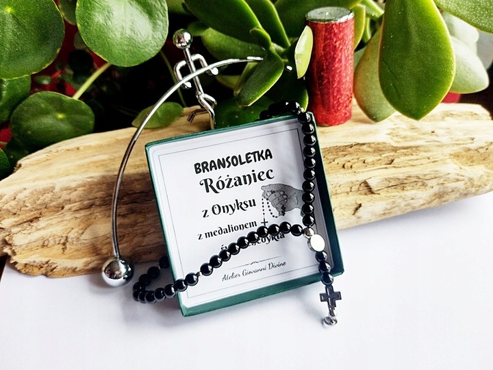 Bransoletka Męska RÓŻANIEC na rękę CAŁY PEŁNY z kamieni ONYKSU św.Benedykt