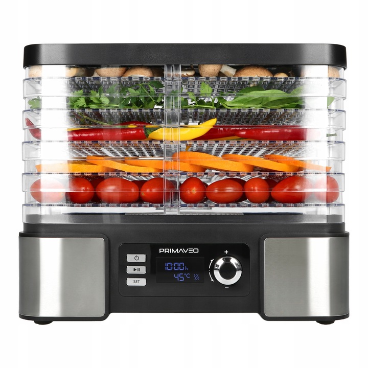 DUŻA SUSZARKA DO GRZYBÓW OWOCÓW TERMOOBIEG 450W ZEGAR PRIMAVEO POJEMNA 12L