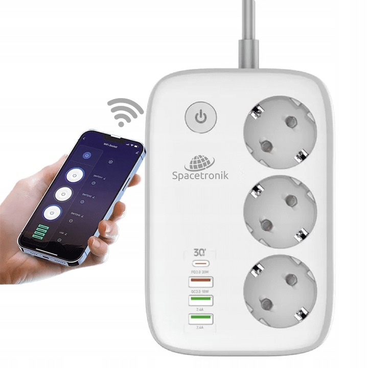 Listwa Zasilająca SMART WiFi Tuya Przedłużacz 3 AC 4 USB 2m Spacetronik