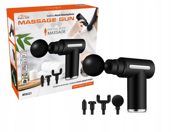 PISTOLET DO MASAŻU MASAŻER DO PLECÓW CIAŁA MASSAGE GUN MT6521 4 GŁOWICE