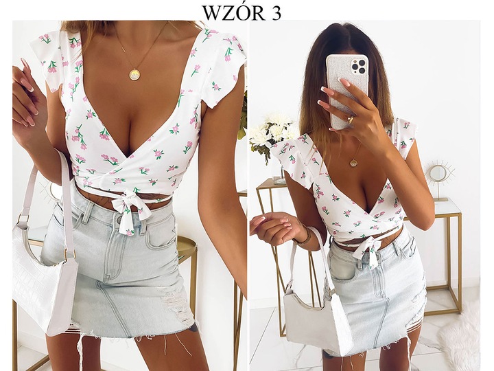 BLUZKA TOP MODNA STYLOWA KWIATY KOPERTOWY DEKOLT WIĄZANIE WZÓR 3 S/M BYSISI