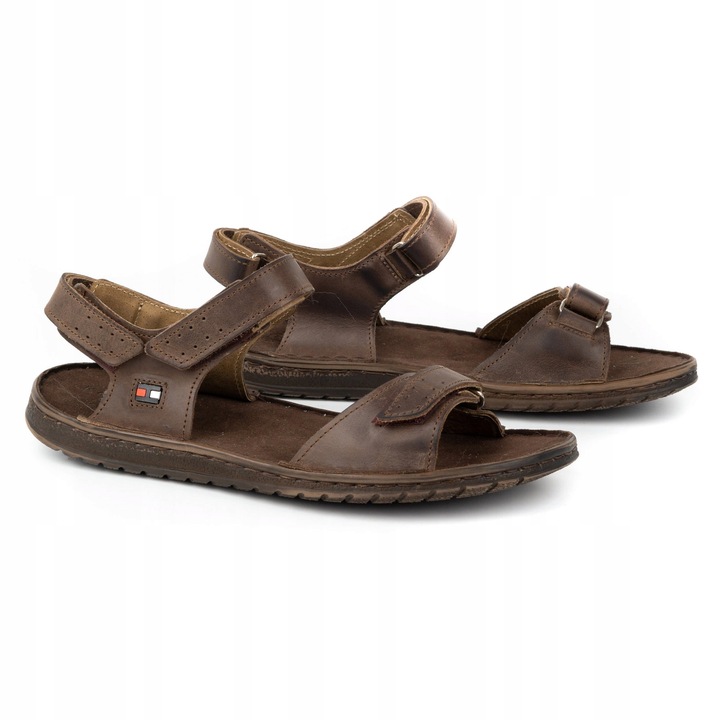 Sandały męskie ze skóry naturalnej na rzepy POLSKIE 881K brązowe 43