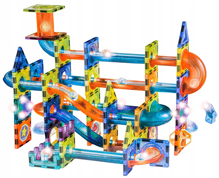 Klocki KONSTRUKCYJNE MAGNETYCZNE Świecące Tor Kulkowy Kulodrom 110 elem