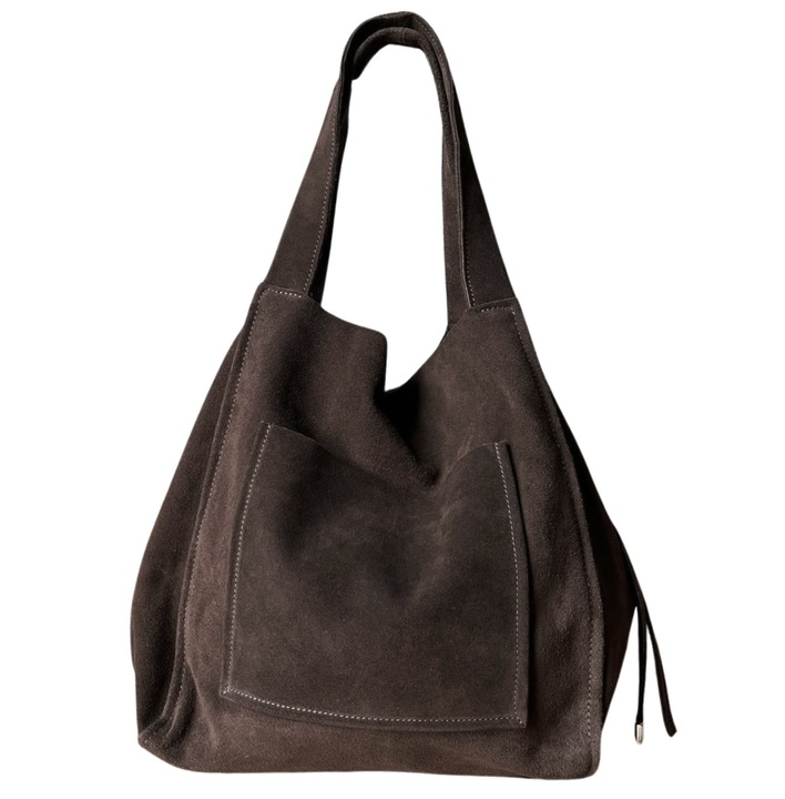 Czekoladowa zamszowa torebka shopper worek XL ZAMSZ NATURALNY Vera Pelle A4