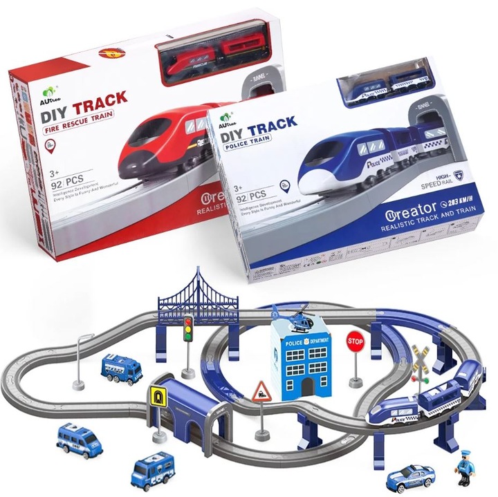 KOLEJKA ELEKTRYCZNA TORY POJAZDY MOSTY DOMKI POCIĄG WAGONY 92 elementów