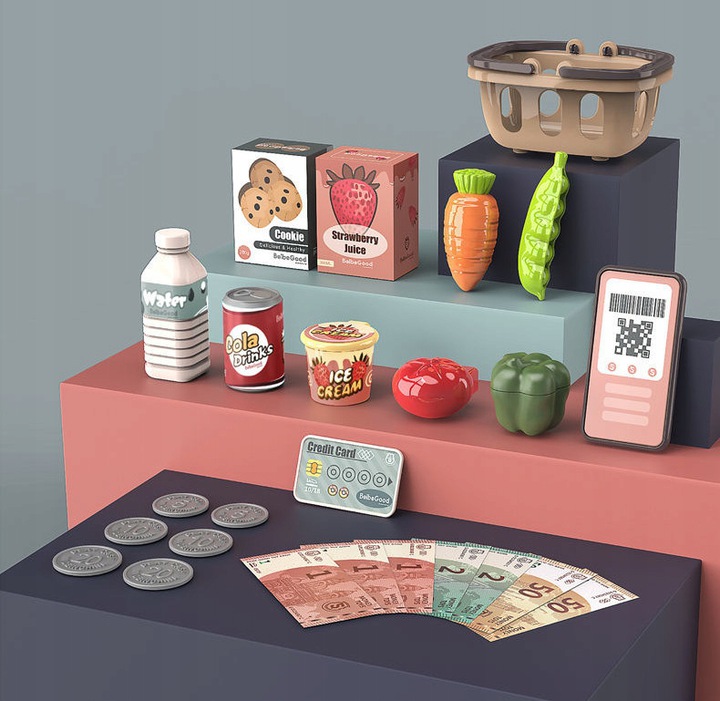 KASA FISKALNA Dla dzieci ZABAWKOWA zestaw SKANER WAGA TELEFON KOSZ ZAKUPY