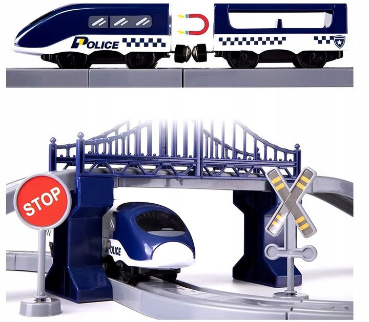 KOLEJKA ELEKTRYCZNA TORY POJAZDY MOSTY DOMKI POCIĄG WAGONY 92 elementów