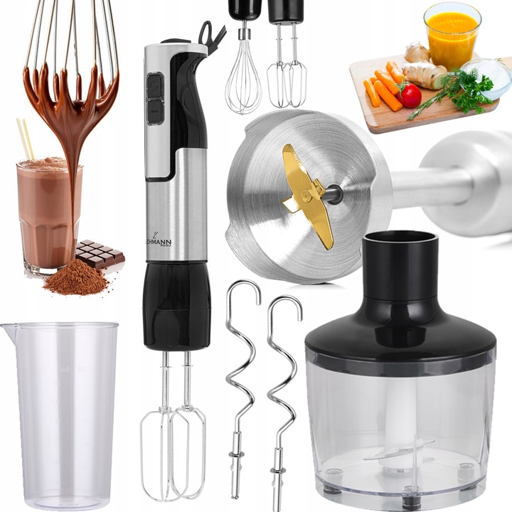 BLENDER WIELOFUNKCYJNY RĘCZNY ROZDRABNIACZ MOCNY 1200W Srebrny MIKSER