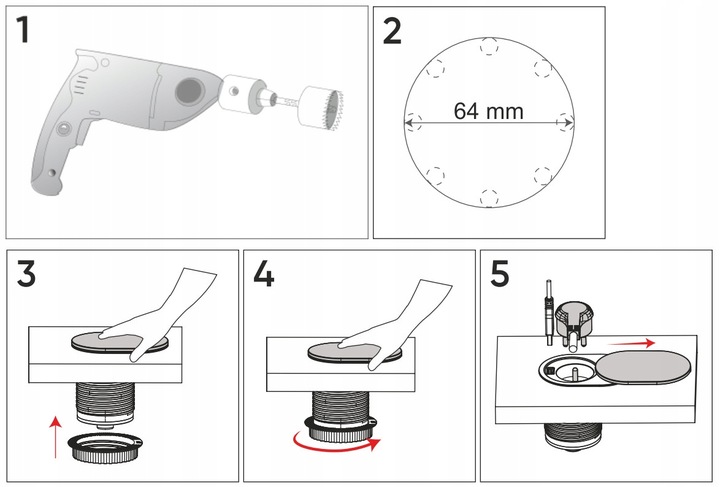 Gniazdo Wpuszczane Chowane w Blat USB + USB-C Przesuwana Pokrywa Kabel 1,9m