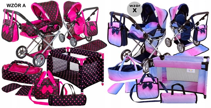 Wózek dla lalek 3w1 ZESTAW XXL -NOSIDŁO ŁÓŻECZKO POŚCIEL TORBA PRZEWIJAK